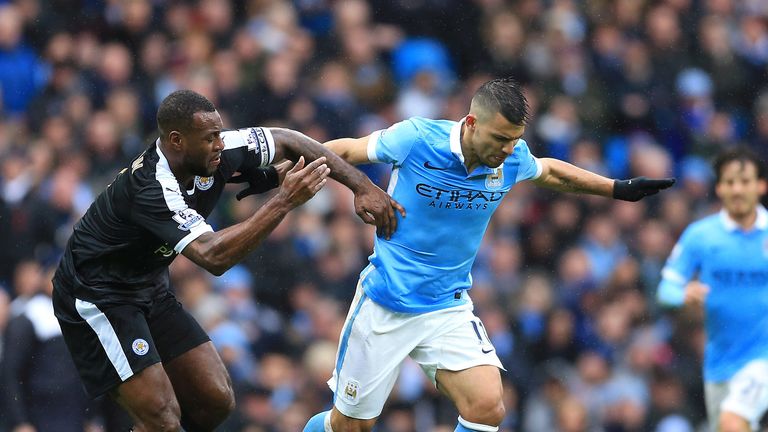 Sergio Aguero tries to get away from Wes Morgan 