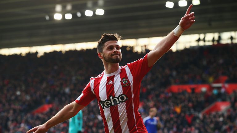 Shane Long of Southampton celebrates scoring his team's first goal during the Barclays Premier League match against Chelsea