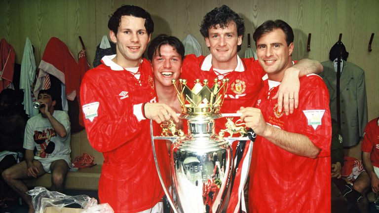 Ryan Giggs, Lee Sharpe, Mark Hughes and Clayton Blackmore of Manchester United celebrate in the dressing room with the Premie