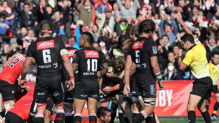 Shota Horie scores the Sunwolves' first try in Super Rugby