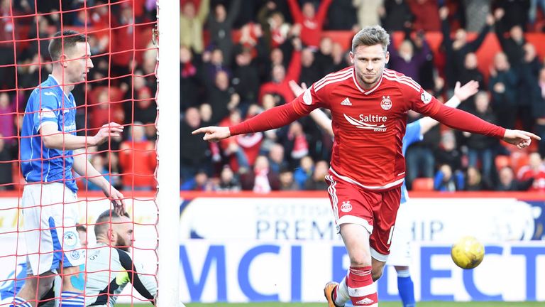Simon Church celebrates after giving Aberdeen the lead over St Johnstone