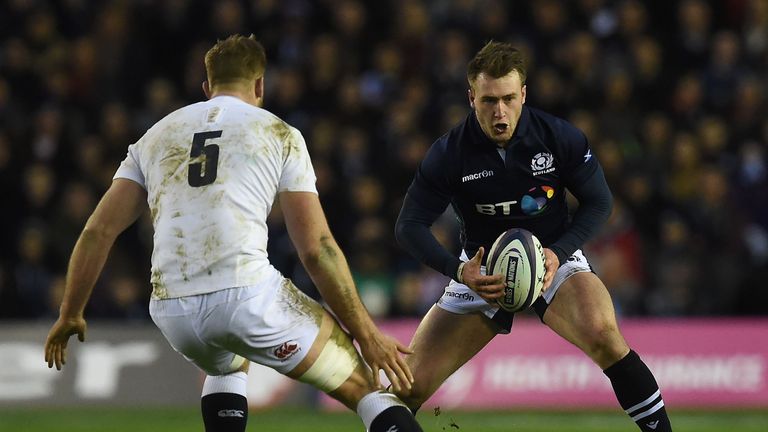 England's lock George Kruis vies with Scotland's full back Stuart Hogg during the Six Nations international rugby union match between Scotland and England