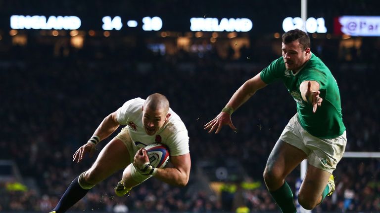 Mike Brown of England dives over to score his team's second try during the RBS Six Nations match between England and Ireland
