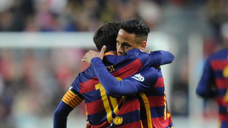 Lionel Messi goal celeb, Neymar, 300th La Liga goal, Sporting Gijon v Barcelona
