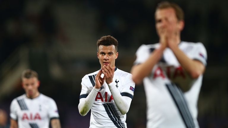 FLORENCE, ITALY - FEBRUARY 18: Dele Alli of Tottenham Hotspur applauds away supporters after the 1-1 draw in the UEFA Europa League round of 32 first leg m