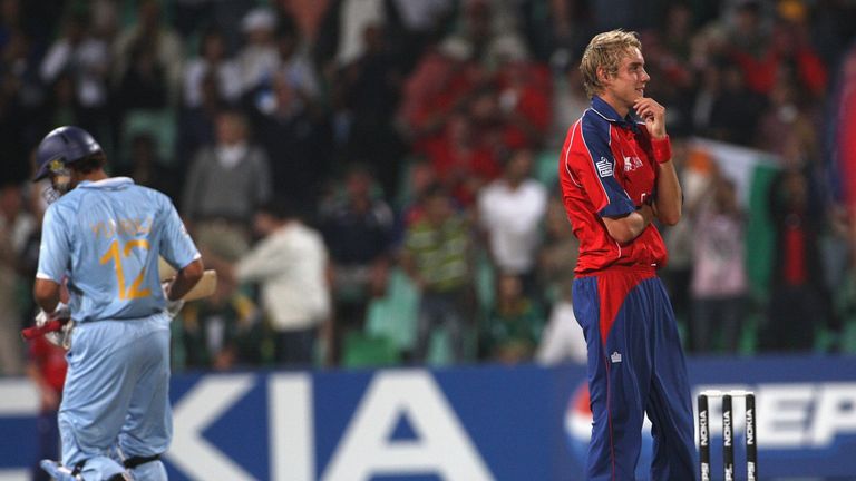 Stuart Broad looks on in shock as Yuvraj Singh hits him for six sixes in an over