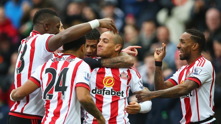 Wahbi Khazri (C) of Sunderland celebrates scoring his team's first goal with his team mates during the Barclays Premier League