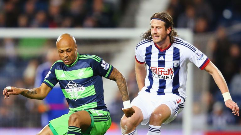 WEST BROMWICH, ENGLAND - FEBRUARY 02: Andre Ayew of Swansea City and Jonas Olsson of West Bromwich Albion compete for the ball during the Barclays Premier 