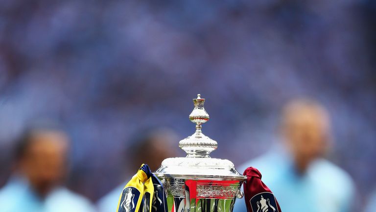 LONDON, ENGLAND - MAY 30:  The FA Cup trophy sits on its plinth before the FA Cup Final between Aston Villa and Arsenal at Wembley Stadium on May 30, 2015 