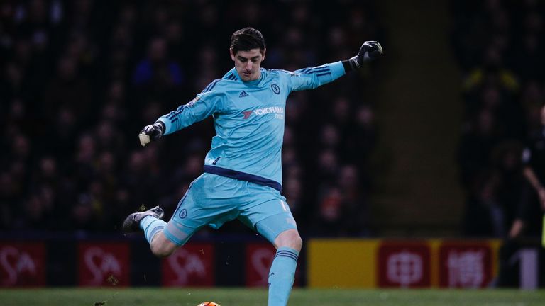 Chelsea's Thibaut Courtois clears his area during the match at Watford