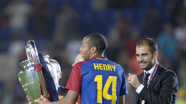 Thierry Henry and Pep Guardiola celebrate Barcelona's Champions League win over Manchester United in 2009