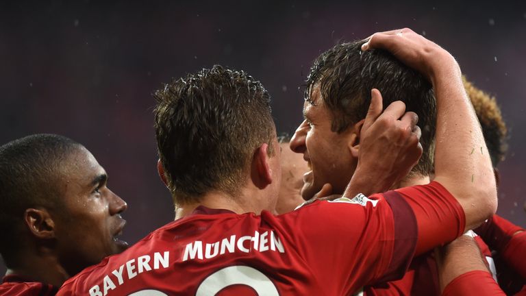 Thomas Muller and Bayern team-mates celebrate their second goal