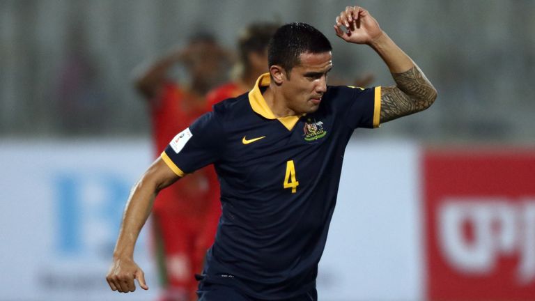 Tim Cahill celebrates after scoring Australia's first World Cup qualifier goal against Bangladesh on November 17, 2015.