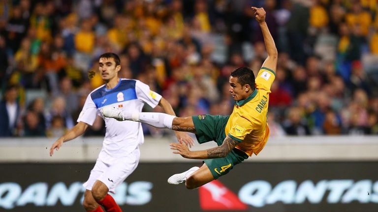 Tim Cahill shoots for the Socceroos during a World Cup qualifier against Kyrgyzstan in November 2015.
