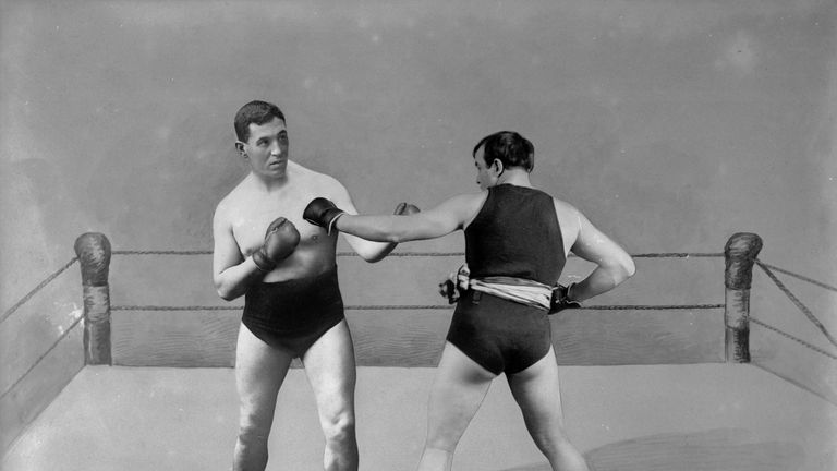 An impression of Tommy Burns (L) beating Jem Roche in Ireland