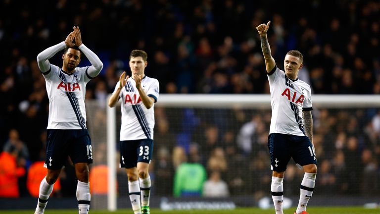 (L to R) Mousa Dembele, Ben Davies and Kieran Trippier of Tottenham Hotspur applaud supporters