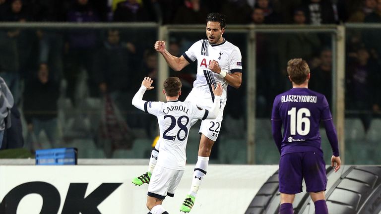 Nacer Chadli of Tottenham celebrates after scoring a goal during the UEFA Europa League Round of 32