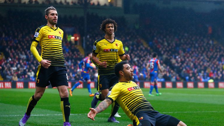 Troy Deeney of Watford celebrates scoring his team's first goal against Crystal Palace