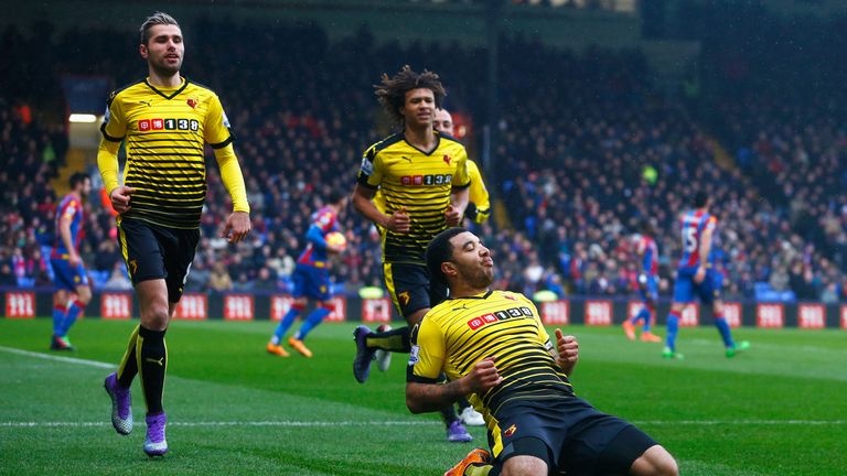 Troy Deeney of Watford celebrates scoring his team's first goal 
