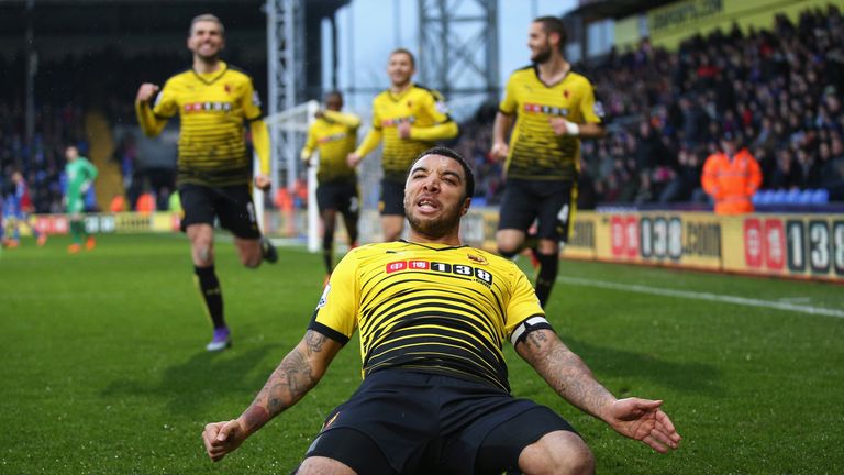 Troy Deeney of Watford celebrates scoring his team's second goal 