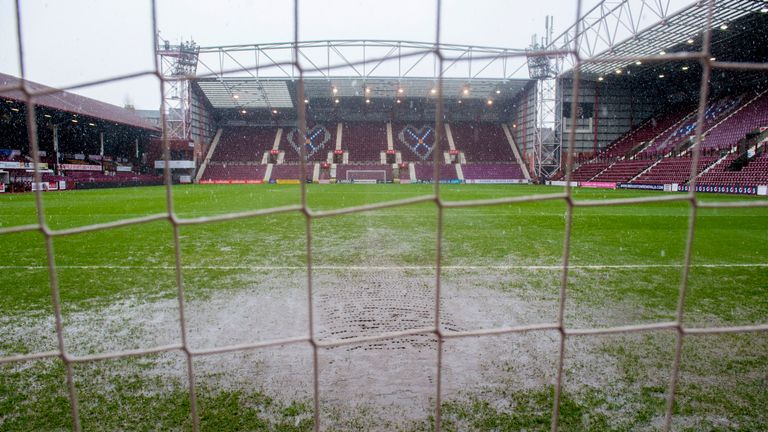 Heavy downpours left the Tynecastle pitch waterlogged