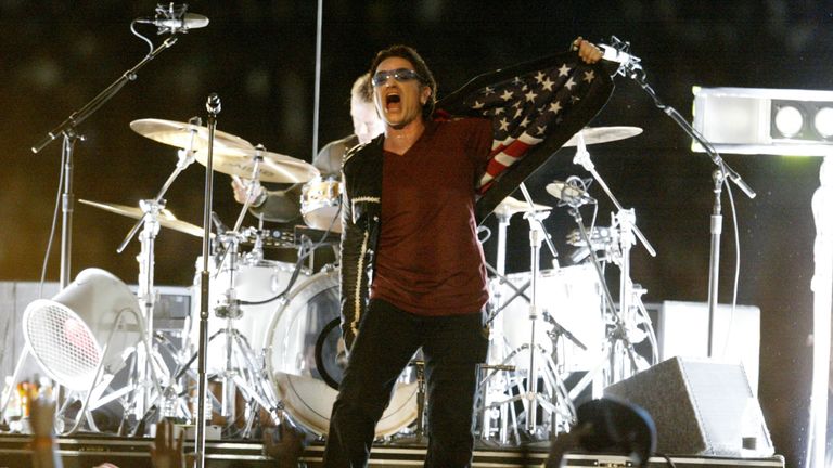 400517 09: Music group U2 performs during halftime of Super Bowl XXXVI February 3, 2002 at the Superdome in New Orleans, LA. Super Bowl XXXVI is being play