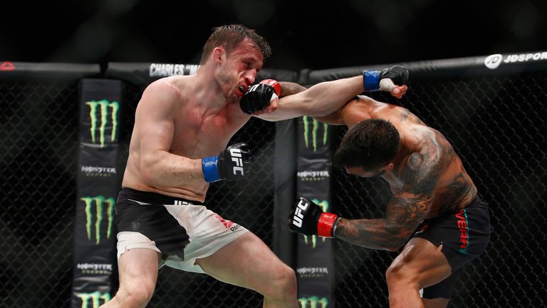 Brad Pickett of England (L) in action against Francisco Rivera of USA during the Bantamweight Bout of the UFC Fight Night  