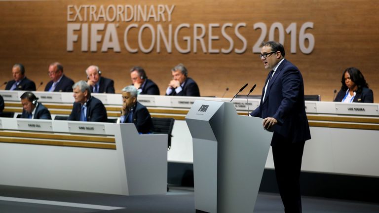 Victor Montagliani, member of the 2016 FIFA Reform Committee talks during the Extraordinary FIFA Congress at Hallenstadion in Zurich