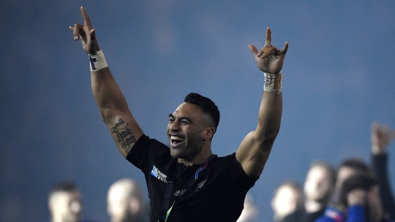 New Zealand's back row forward Victor Vito celebrates World Cup victory 
