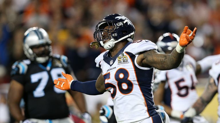 Von Miller #58 of the Denver Broncos reacts after a play against the Carolina Panthers in the fourth quarter during Super Bowl 50