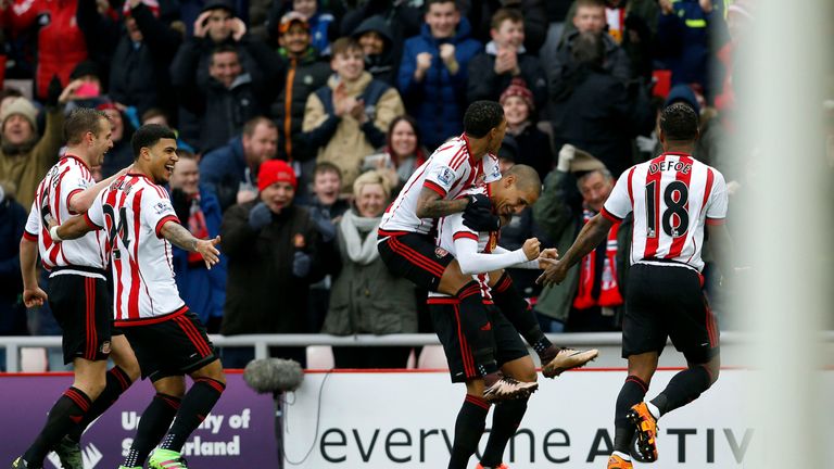 Sunderland's Wahbi Khazri (second right) celebrates with his team-mates after scoring his side's first goal 