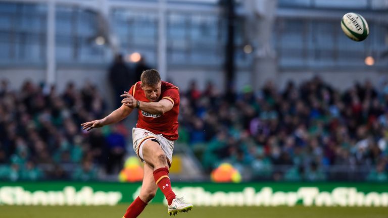 Rhys Priestland of Wales kicks a penalty during the RBS Six Nations match between Ireland and Wales at the Aviva Stadium on February 7, 2016