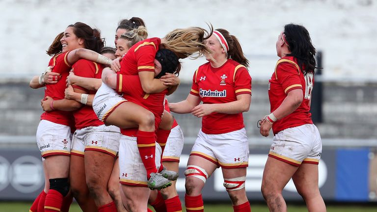 Welsh celebrate after beating France in a tight match at The Gnoll
