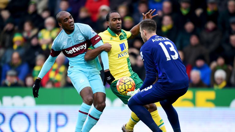 Cameron Jerome of Norwich City is blocked by Angelo Ogbonna Obinza of West Ham United