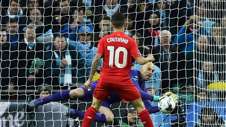 Willy Caballero saves Philippe Coutinho's penalty in the Capital One Cup final