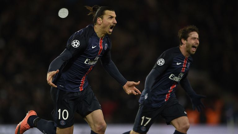 Paris Saint-Germain's Swedish forward Zlatan Ibrahimovic (C) celebrates after scoring against Chelsea