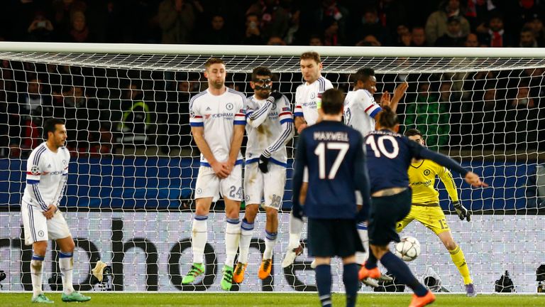 PSG's Zlatan Ibrahimovic, No 10, takes a direct free kick that deflects off Chelsea's John Obi Mikel
