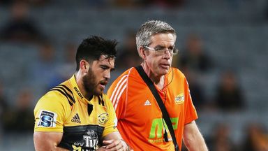 Nehe Milner-Skudder of the Hurricanes is taken off injured