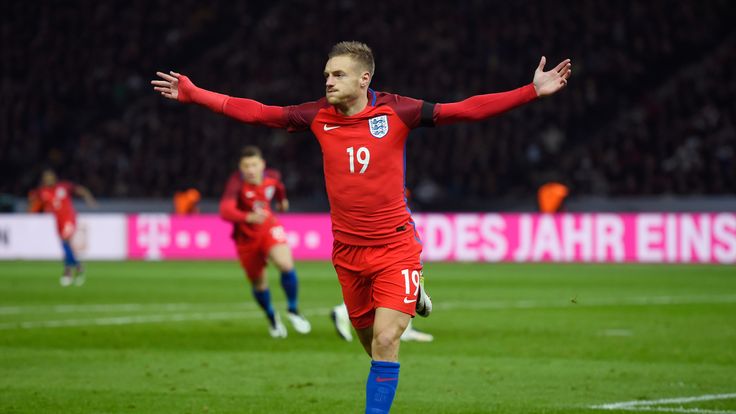 Jamie Vardy of England celebrates scoring his team's second goal against Germany