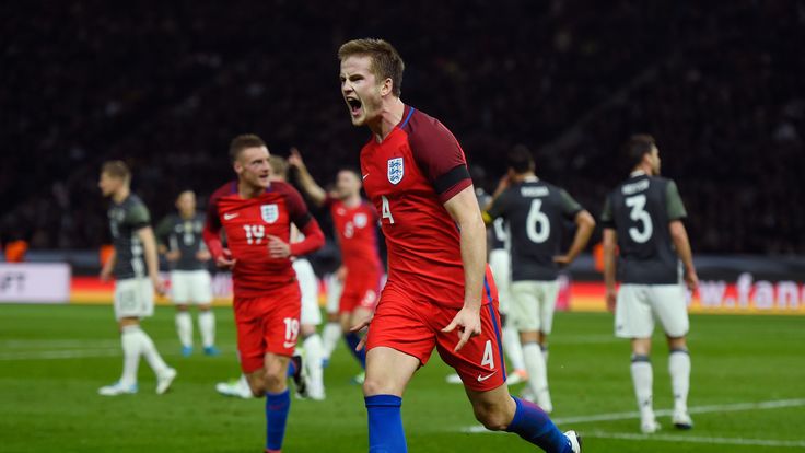 Eric Dier of England celebrates scoring his team's third goal 