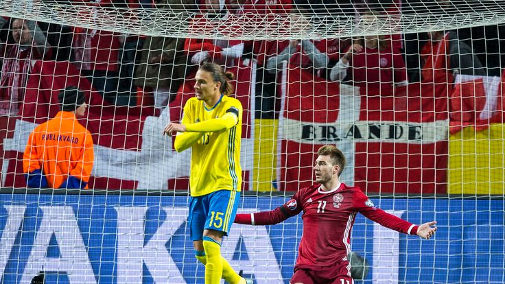 Nicklas Bendtner of Denmark reacts during the European Qualifier Play-Off between Sweden and Denmark