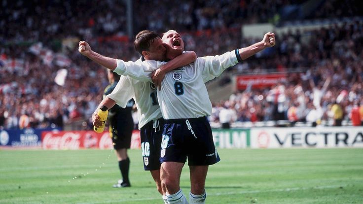 Paul Gascoigne celebrates his famous goal for England against Scotland at Euro 96