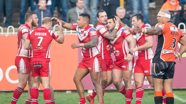 Justin Carney (third from right) is congratulated after scoring his second try against Castleford