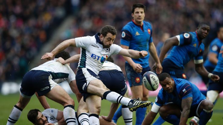 Scotland's captain and scrum half Greig Laidlaw kicks the ball during the Six Nations international rugby union match between Scotland and France