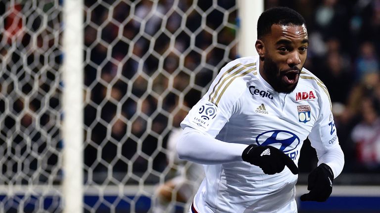 Lyon's French forward Alexandre Lacazette celebrates after scoring a goal