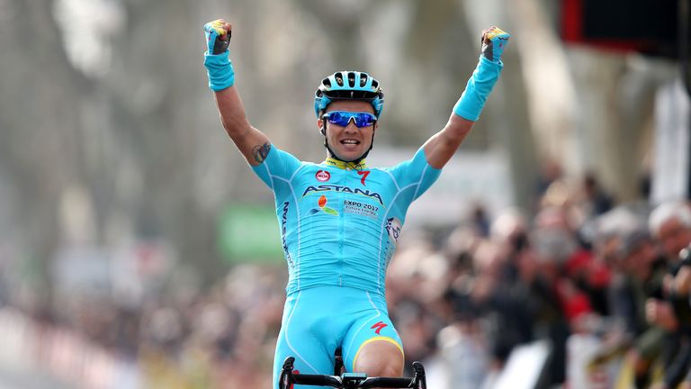 Alexey Lutsenko of Kazakhstan and the Astana Pro Team celebrates winning Stage 5 of the 2016 Paris-Nice