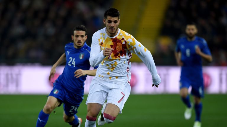 Alvaro Morata of Spain in action during the international friendly against Italy