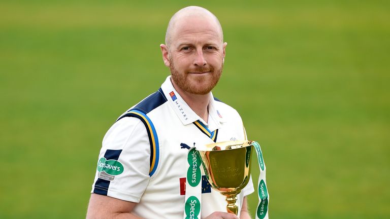 Yorkshire's Andrew Gale holds the County Championship trophy, during the launch of the 2016 Specsavers County Championship
