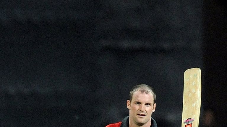 Andrew Strauss celebrates reaching his century during the 2011 ICC World Cup Group B match between India and England