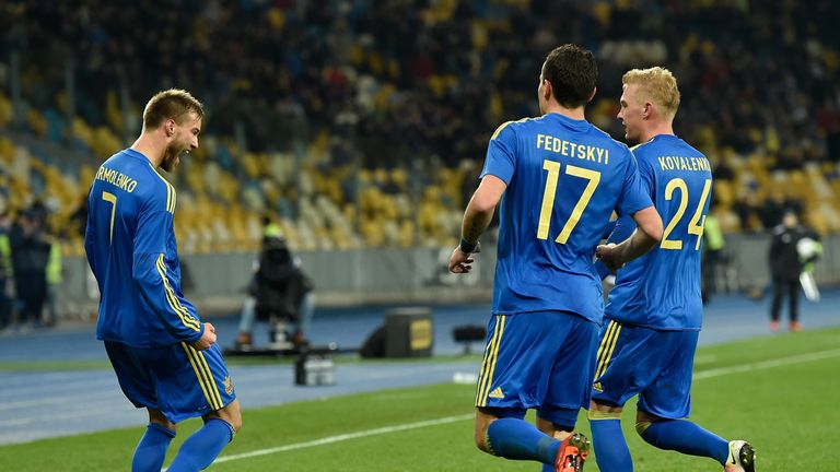 Andriy Yarmolenko of Ukraine celebrates after scoring against Wales
